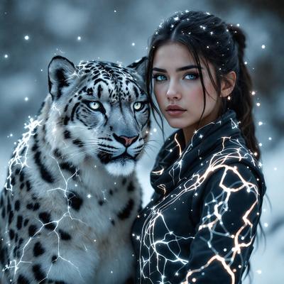 The primary subject of the image is a woman standing next to a large white tiger. The setting appears to be a snowy environment, with the woman and the tiger standing on a snow-covered surface. The visual style of the image is a combination of photo and digital art, creating a unique and eye-catching scene. The dominant colors in the image are white and blue, giving the scene a cold and serene atmosphere.